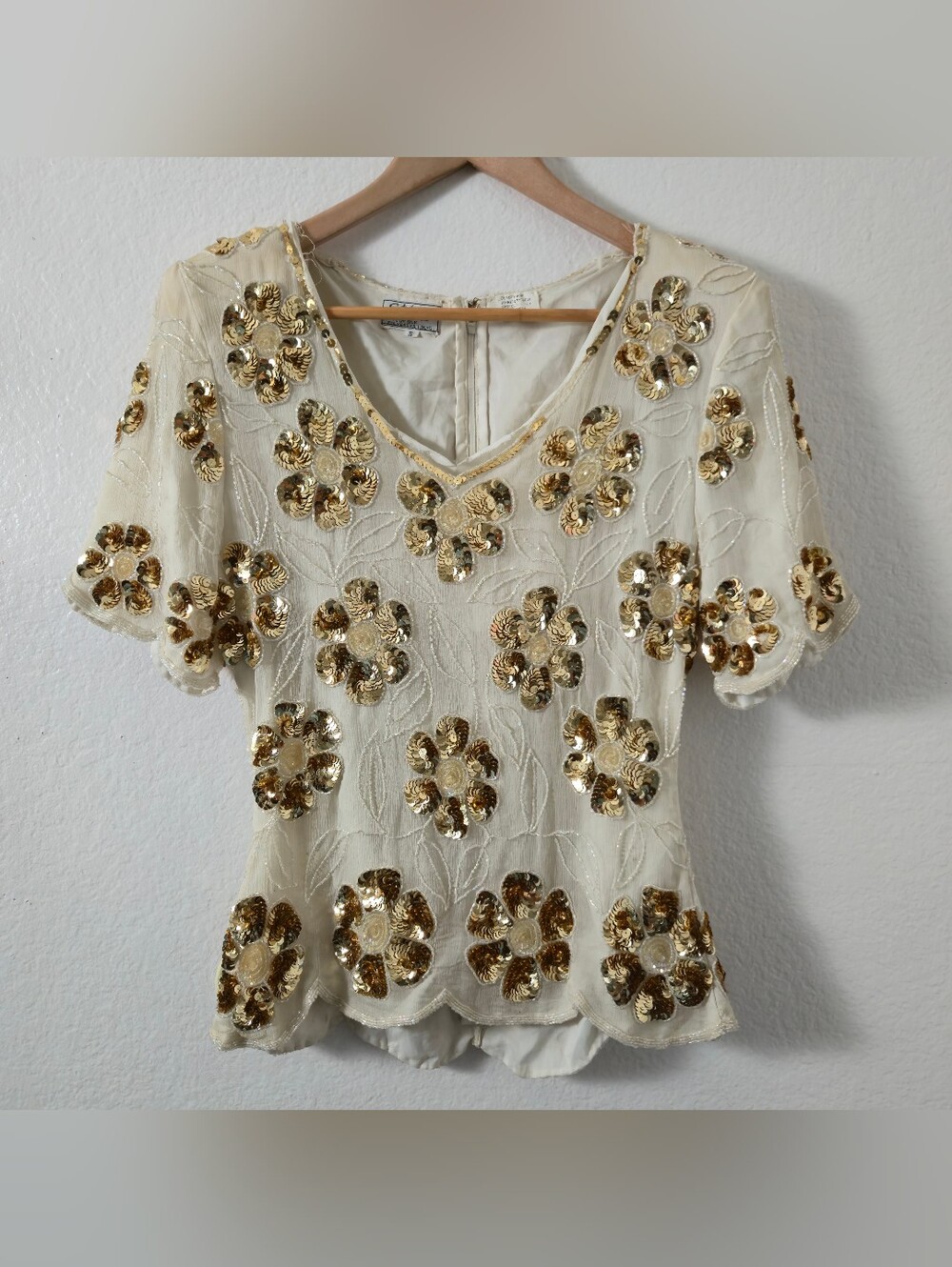 Vintage Sténay Sequined & Beaded Floral Silk Top